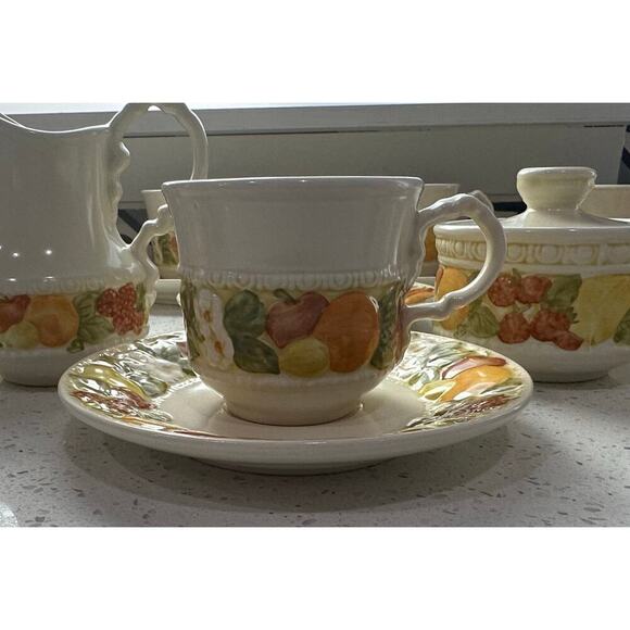 Set Of 10 Vtg Vernon Ware Metlox Della Robbia Cups & Saucers w Cream and Sugar - Picture 2 of 7